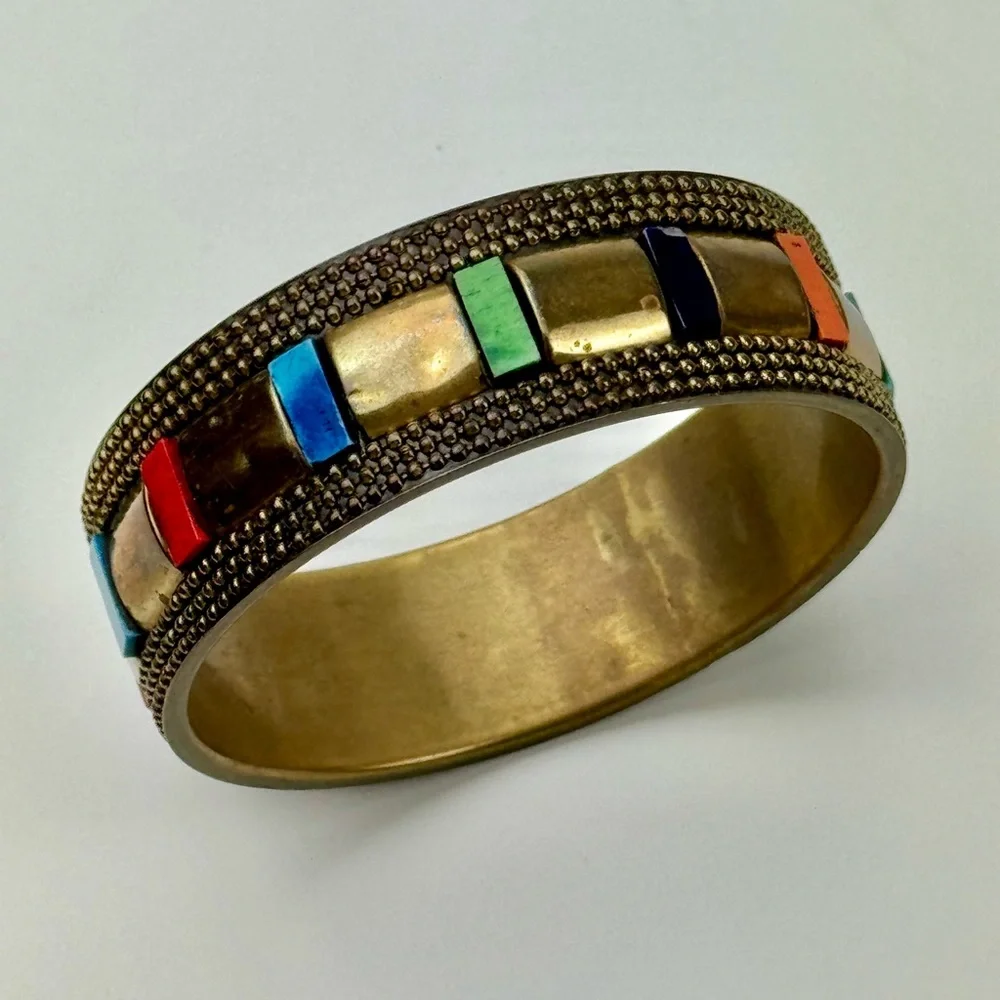 Unique Vintage 80s‎ - Early 90s Brass Colorful Beaded Thick Bangle Bracelet